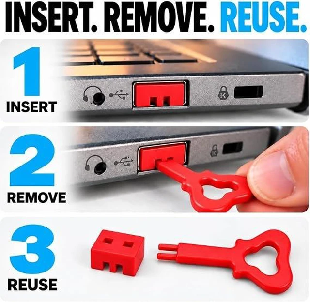 Alt view image 6 of 7 - PortPlugs USB-A Port Blockers, 10 Pack Security Locks with 2 Dual-Prong Removal Keys - Red