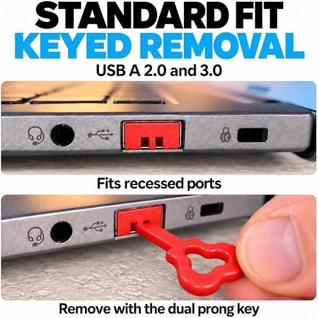 Alt view image 4 of 7 - PortPlugs USB-A Port Blockers, 10 Pack Security Locks with 2 Dual-Prong Removal Keys - Red