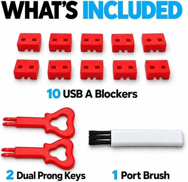 Alt view image 3 of 7 - PortPlugs USB-A Port Blockers, 10 Pack Security Locks with 2 Dual-Prong Removal Keys - Red
