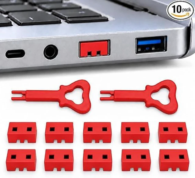 Main image of PortPlugs USB-A Port Blockers, 10 Pack Security Locks with 2 Dual-Prong Removal Keys - Red