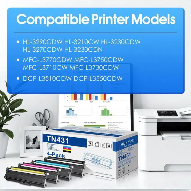 Alt view image 2 of 7 - TN-431 TN431 Toner Cartridges 4-Pack Compatible TN431BK TN431C TN431Y TN431M Replacement for Brother TN431 TN433 MFC-L8900CDW HL-L8360CDW HL-L8260CDW MFC-l9570CDW Printer Toner, TN431 4PK