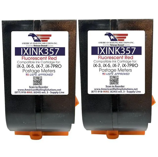 Alt view image 2 of 5 - IXINK357 (2-Pack) USPS Fluorescent Red Printer Ink Cartridge | Replacement for iX-3, iX-5, iX-7, iX-7Pro Series Postage Meters Inkjet Printer Ink