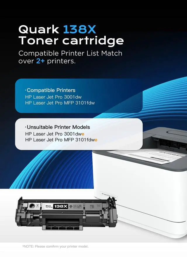 Alt view image 2 of 7 - 138X W1380X Toner Cartridges 2 Black Replacement for HP Printer | Compatible with Laserjet Pro 3001dw Pro 3001fdw MFP 3101fdw Printers, 4500 Pages per Toner, with Chip, ISO Certified