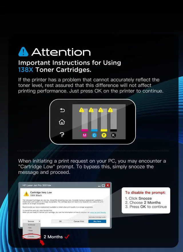 Alt view image 4 of 7 - 138X W1380X Toner Cartridges 2 Black Replacement for HP Printer | Compatible with Laserjet Pro 3001dw Pro 3001fdw MFP 3101fdw Printers, 4500 Pages per Toner, with Chip, ISO Certified