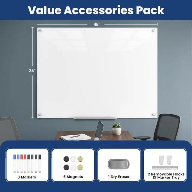 Alt view image 3 of 7 - Large Glass Whiteboard, Enhanced Magnetism Glass Dry Erase Board for Wall, 48" x 36" Pure White Tempered Glass Board, 4' x 3' Big White Board for Home, Office, School