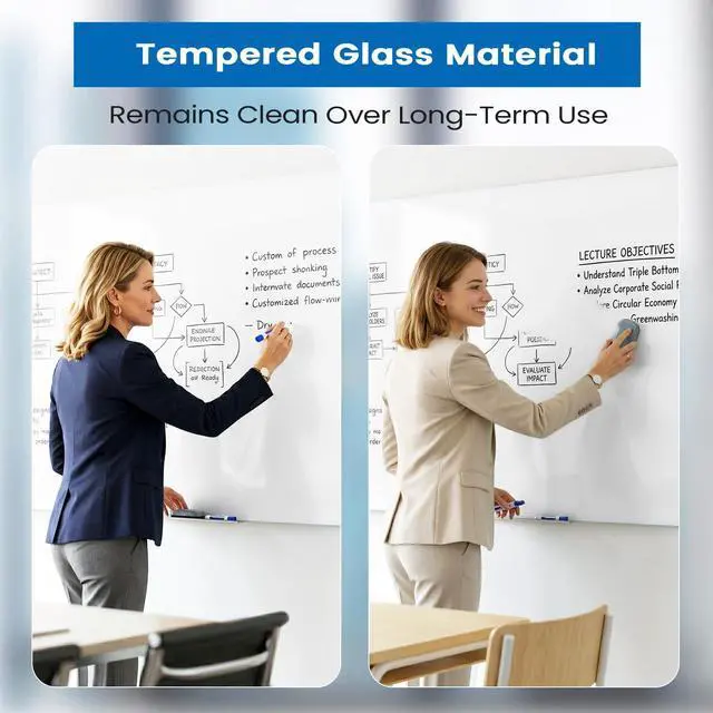 Alt view image 4 of 7 - Large Glass Whiteboard, Enhanced Magnetism Glass Dry Erase Board for Wall, 48" x 36" Pure White Tempered Glass Board, 4' x 3' Big White Board for Home, Office, School