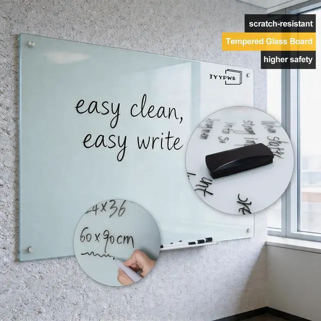 Alt view image 4 of 7 - Magnetic Glass Whiteboard with Eraser 48" x 36" Frameless Tempered Glass Dry Erase Board with Marker Tray for Office, Wall Mounted Writing Board (White)