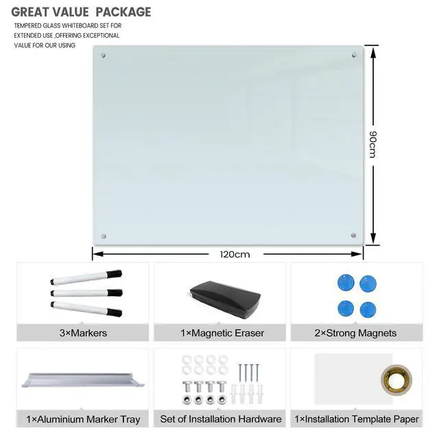 Alt view image 5 of 7 - Magnetic Glass Whiteboard with Eraser 48" x 36" Frameless Tempered Glass Dry Erase Board with Marker Tray for Office, Wall Mounted Writing Board (White)