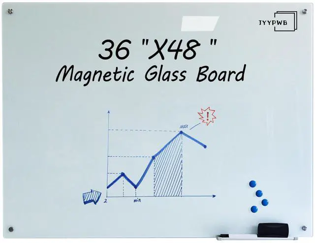 Main image of Magnetic Glass Whiteboard with Eraser 48" x 36" Frameless Tempered Glass Dry Erase Board with Marker Tray for Office, Wall Mounted Writing Board (White)