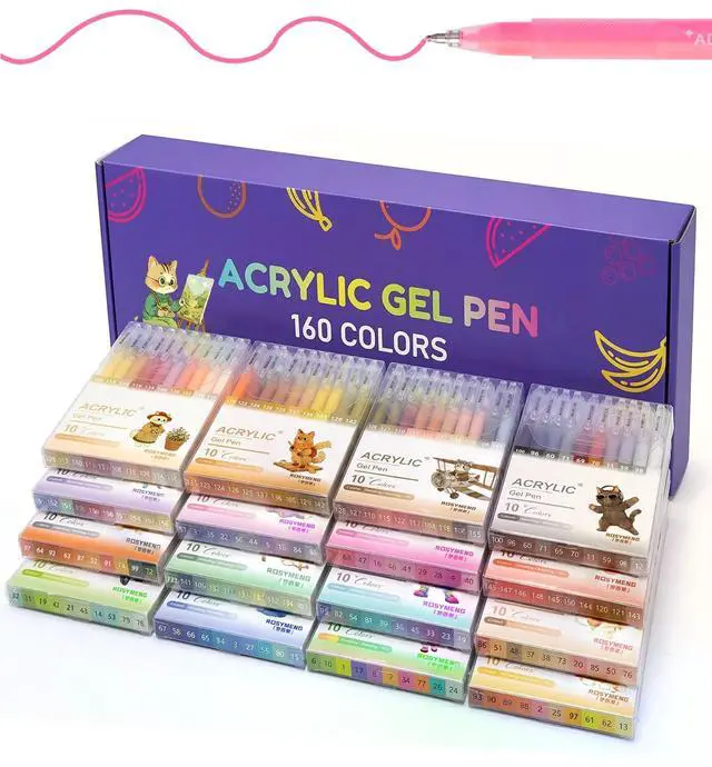 Main image of ROSYMENG Acrylic Gel Pens 160 Colors, UltraSmooth 1.0mm Tip with LargeCapacity Ink Pens, MultiSurface Coloring Pens for Journaling, Adults Coloring Books, Rock Painting, School and Art Supplies