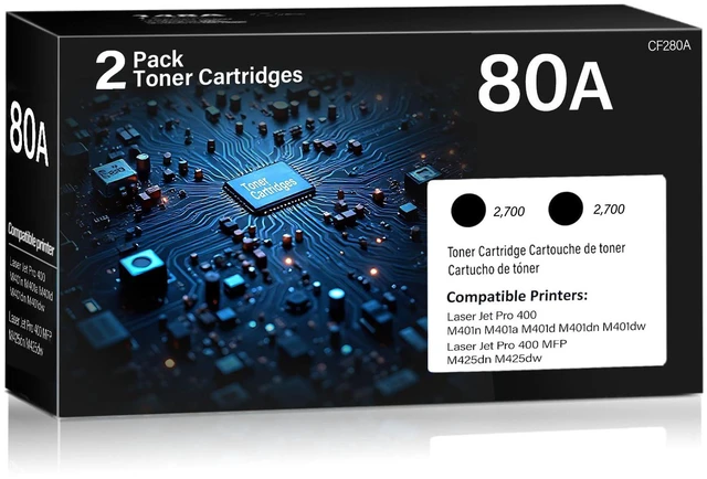 Main image of 80A Toner Cartridge Laser Jet Pro 400 M401n M401dn M401dw (2 Pack) Compatible for HP 80A 80X CF280A CF280X Toner Cartridges Black for HP80A for HP Laser Jet Pro 400 M425dn M425dw M401a M401d