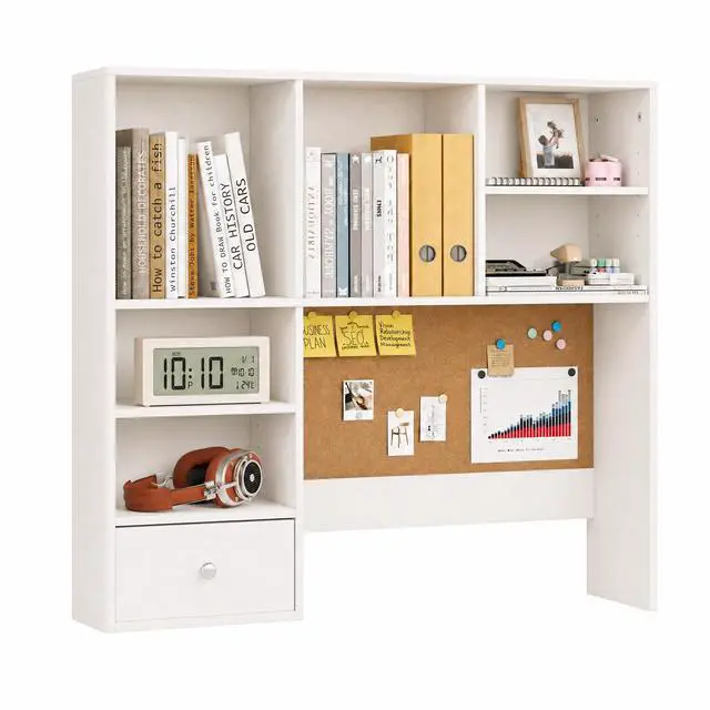 Main image of Desk Hutch Dorm with Cork Board, Shelves and Drawer | Desktop Bookshelf for College Dorm, Student Bedroom, White