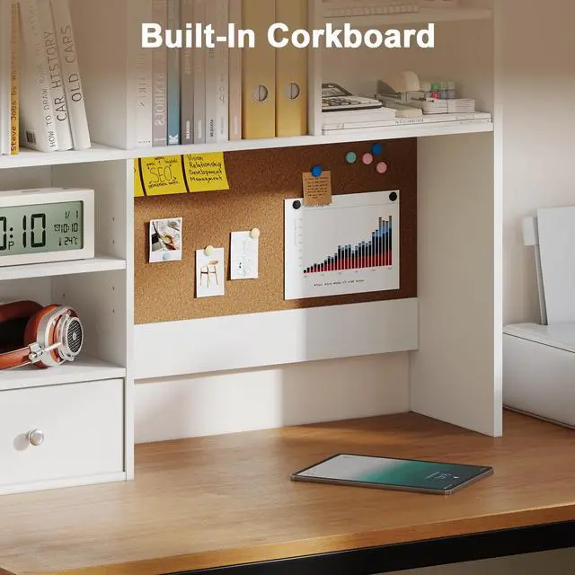Alt view image 4 of 7 - Desk Hutch Dorm with Cork Board, Shelves and Drawer | Desktop Bookshelf for College Dorm, Student Bedroom, White