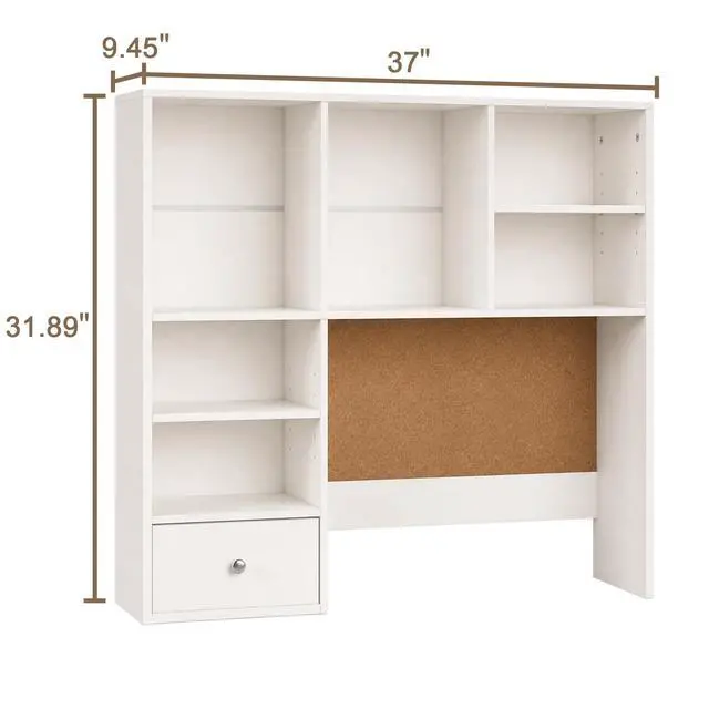 Alt view image 3 of 7 - Desk Hutch Dorm with Cork Board, Shelves and Drawer | Desktop Bookshelf for College Dorm, Student Bedroom, White