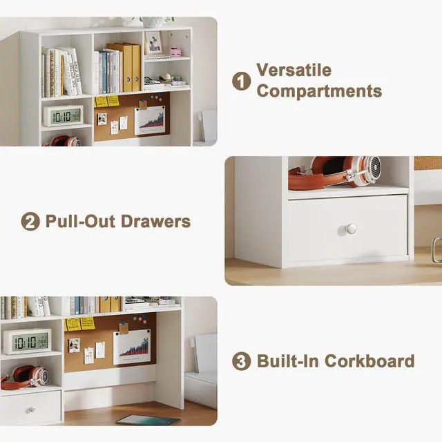 Alt view image 5 of 7 - Desk Hutch Dorm with Cork Board, Shelves and Drawer | Desktop Bookshelf for College Dorm, Student Bedroom, White