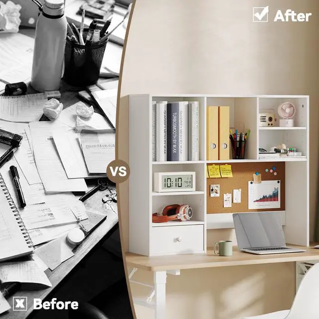 Alt view image 6 of 7 - Desk Hutch Dorm with Cork Board, Shelves and Drawer | Desktop Bookshelf for College Dorm, Student Bedroom, White