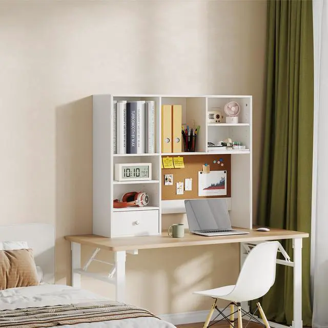 Alt view image 7 of 7 - Desk Hutch Dorm with Cork Board, Shelves and Drawer | Desktop Bookshelf for College Dorm, Student Bedroom, White