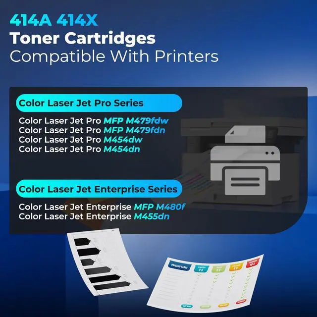 Alt view image 2 of 7 - 414A Toner Cartridges 4 Pack for Color Laser Jet Pro MFP M479fdw M454dw Replacement for HP 414A HP414A 414X HP414 Toner with Chip for M479fdn M454dn Enterprise MFP M480f M455dn M479 Series W2020A