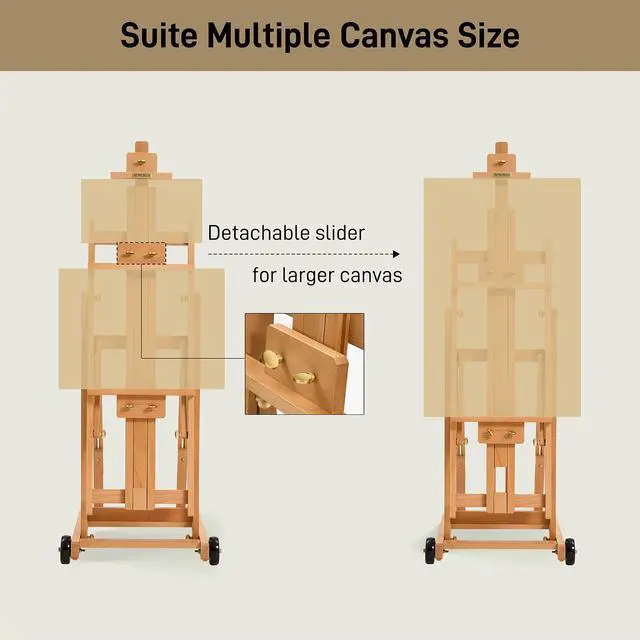 Alt view image 3 of 7 - Artist Easel for Painting: Solid Beech Wood Art Easel Stand with Upgrade Hardware-H Frame Hold 2 Canvases up to 78"- Floor Painting Easel for Adults with Wheels