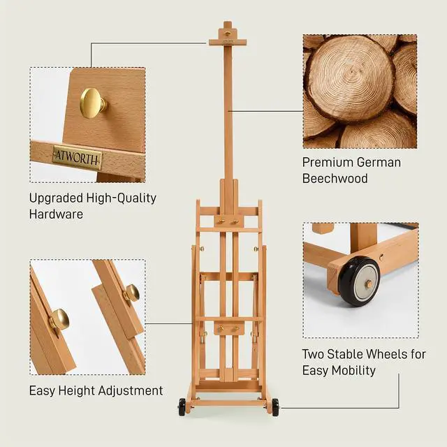 Alt view image 6 of 7 - Artist Easel for Painting: Solid Beech Wood Art Easel Stand with Upgrade Hardware-H Frame Hold 2 Canvases up to 78"- Floor Painting Easel for Adults with Wheels