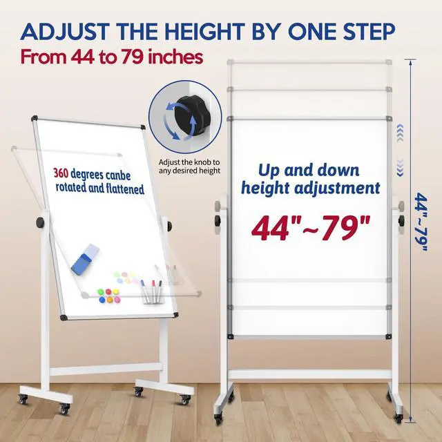 Alt view image 2 of 6 - 44x26 Rolling Whiteboard on Wheels, Height Adjustable Dry Erase Board | Double Sided Magnetic Surface, Height Adjustable, 360° Rotation, Aluminum Frame, Locking Casters for Home, Office and School