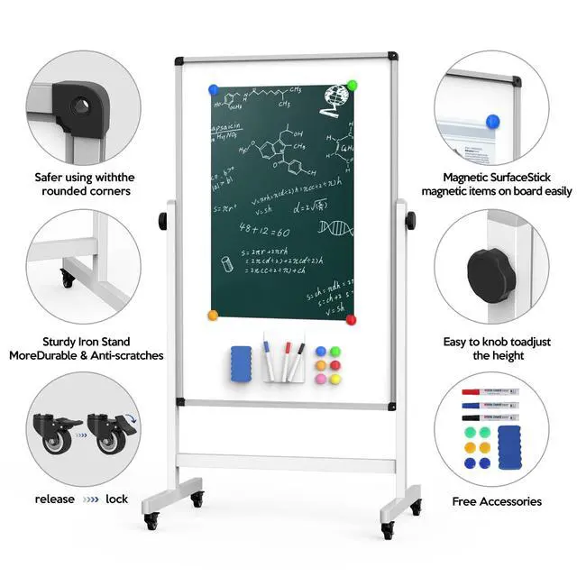 Alt view image 3 of 6 - 44x26 Rolling Whiteboard on Wheels, Height Adjustable Dry Erase Board | Double Sided Magnetic Surface, Height Adjustable, 360° Rotation, Aluminum Frame, Locking Casters for Home, Office and School