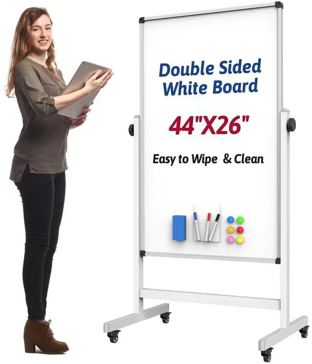 Main image of 44x26 Rolling Whiteboard on Wheels, Height Adjustable Dry Erase Board | Double Sided Magnetic Surface, Height Adjustable, 360° Rotation, Aluminum Frame, Locking Casters for Home, Office and School