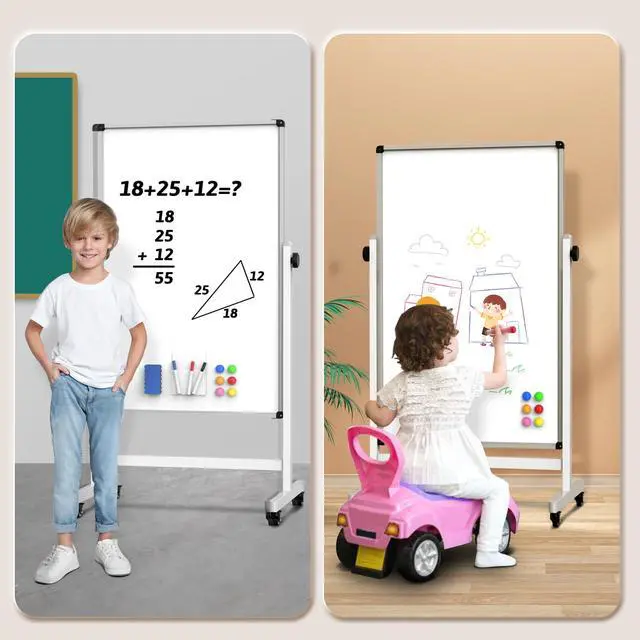 Alt view image 5 of 6 - 44x26 Rolling Whiteboard on Wheels, Height Adjustable Dry Erase Board | Double Sided Magnetic Surface, Height Adjustable, 360° Rotation, Aluminum Frame, Locking Casters for Home, Office and School