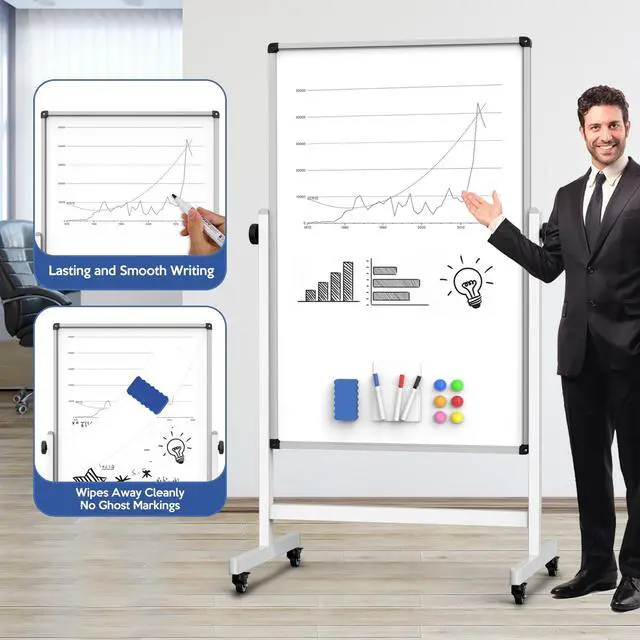Alt view image 6 of 6 - 44x26 Rolling Whiteboard on Wheels, Height Adjustable Dry Erase Board | Double Sided Magnetic Surface, Height Adjustable, 360° Rotation, Aluminum Frame, Locking Casters for Home, Office and School