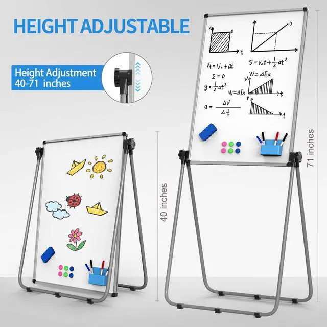 Alt view image 3 of 6 - 40x28 Whiteboard Easel, Height Adjustable Magnetic Dry Erase Board | Double Sided Magnetic Surface, 40-71 in Height, 360° Rotation, Foldable Aluminum Frame for Home, Office, School and Meetings