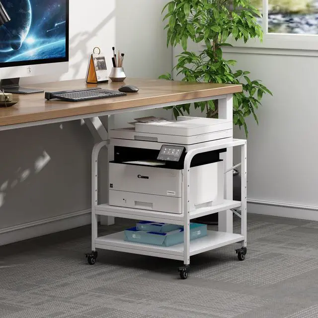 Alt view image 2 of 7 - 20 Inches Deep Large Printer Stand, 2 Tier Under Desk Printer Table with Height Adjustable Shelf, Rolling Printer Cart with Wheels for Home Office Storage - White