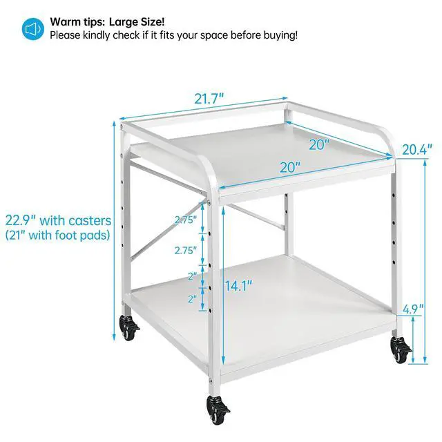 Alt view image 4 of 7 - 20 Inches Deep Large Printer Stand, 2 Tier Under Desk Printer Table with Height Adjustable Shelf, Rolling Printer Cart with Wheels for Home Office Storage - White