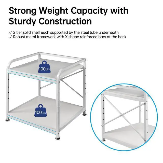 Alt view image 5 of 7 - 20 Inches Deep Large Printer Stand, 2 Tier Under Desk Printer Table with Height Adjustable Shelf, Rolling Printer Cart with Wheels for Home Office Storage - White