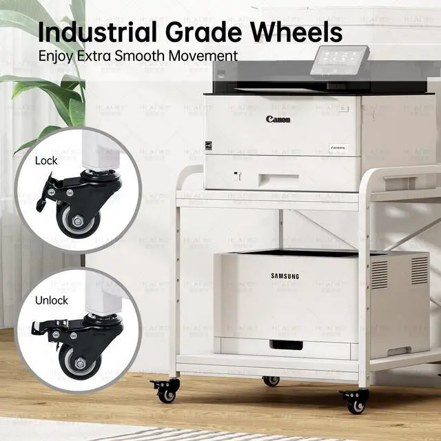 Alt view image 6 of 7 - 20 Inches Deep Large Printer Stand, 2 Tier Under Desk Printer Table with Height Adjustable Shelf, Rolling Printer Cart with Wheels for Home Office Storage - White