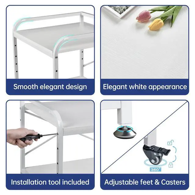 Alt view image 7 of 7 - 20 Inches Deep Large Printer Stand, 2 Tier Under Desk Printer Table with Height Adjustable Shelf, Rolling Printer Cart with Wheels for Home Office Storage - White