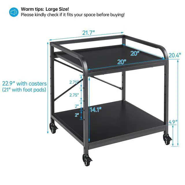 Alt view image 4 of 7 - 2 Tier Under Desk Printer Stand with Storage, 20 Inches Deep Large Printer Table with Height Adjustable Shelf, Rolling Printer Cart with Wheels for Home Office - Black