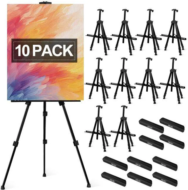 Main image of 10 Pack Painting Display Easel Stand Portable Adjustable Metal Tripod Artist Canvases Height from20to66Inch Extra Sturdy forTable-Top/Floor Painting, Drawingand Displaying,Black with10StorageBag