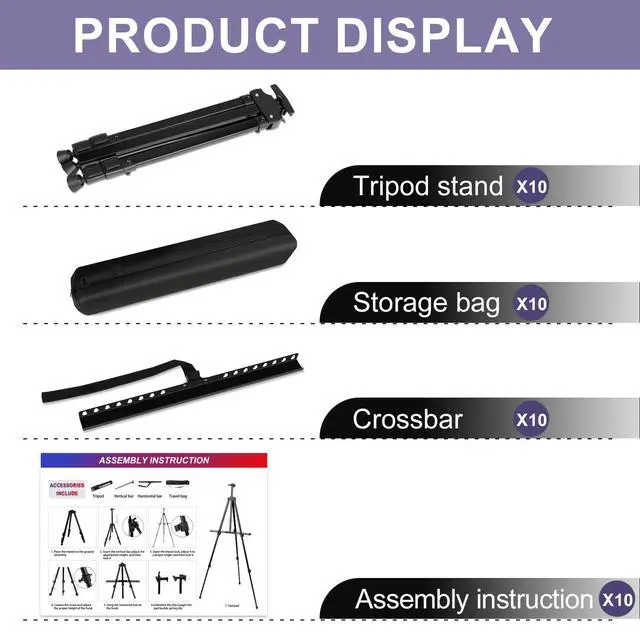 Alt view image 2 of 7 - 10 Pack Painting Display Easel Stand Portable Adjustable Metal Tripod Artist Canvases Height from20to66Inch Extra Sturdy forTable-Top/Floor Painting, Drawingand Displaying,Black with10StorageBag