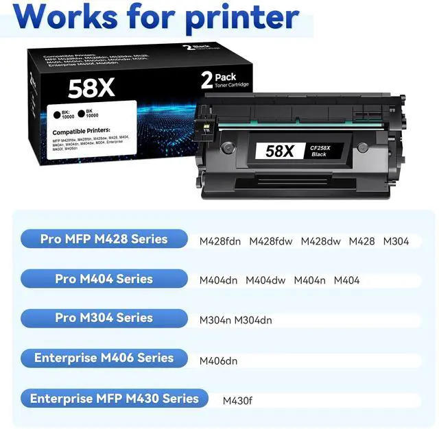 Alt view image 2 of 7 - 58X High Yield Toner Cartridge Black Replacement for HP 58X HP58X CF258X | Work with Laser Jet Pro M404dw M406dn M404dn M404n MFP M430f M428fdn Printer, 58X CF258X Black Toner 2-pack 58A CF258A