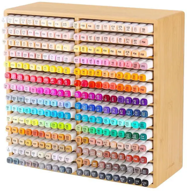 Main image of Bamboo Marker Organizer Markers 280pcs Markers Pen Holder Art Supply Pencil Storage Organizer with 28 Compartments All-in-One Marker Storage for Office Home (Holds up to 280pcs Markers)