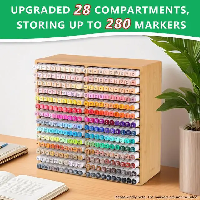 Alt view image 2 of 7 - Bamboo Marker Organizer Markers 280pcs Markers Pen Holder Art Supply Pencil Storage Organizer with 28 Compartments All-in-One Marker Storage for Office Home (Holds up to 280pcs Markers)