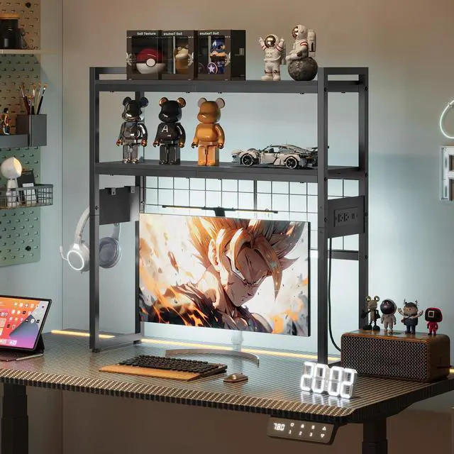 Alt view image 2 of 7 - Desktop Bookcase, 2-Tier Office Desktop Organizer, 29.9" Wooden Storage Rack with Outlets, Display Shelf Rack with Light Strip, Desk Hutch for Office, Black BB11UDSJ01