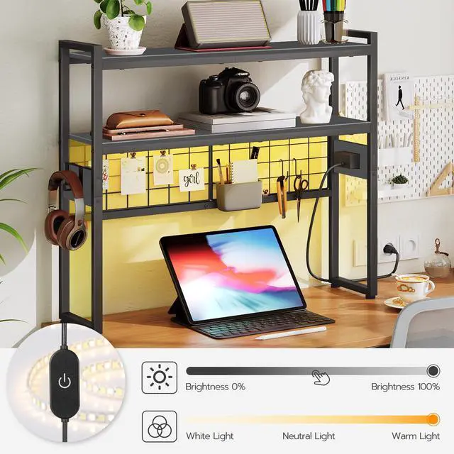 Alt view image 4 of 7 - Desktop Bookcase, 2-Tier Office Desktop Organizer, 29.9" Wooden Storage Rack with Outlets, Display Shelf Rack with Light Strip, Desk Hutch for Office, Black BB11UDSJ01