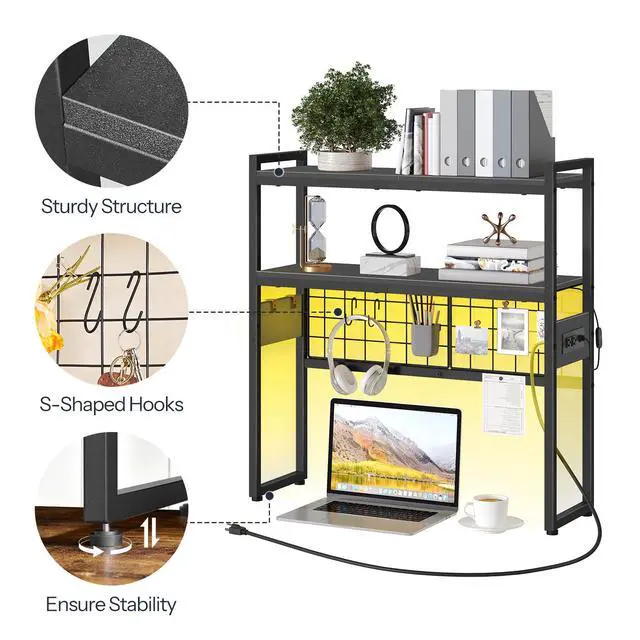 Alt view image 5 of 7 - Desktop Bookcase, 2-Tier Office Desktop Organizer, 29.9" Wooden Storage Rack with Outlets, Display Shelf Rack with Light Strip, Desk Hutch for Office, Black BB11UDSJ01