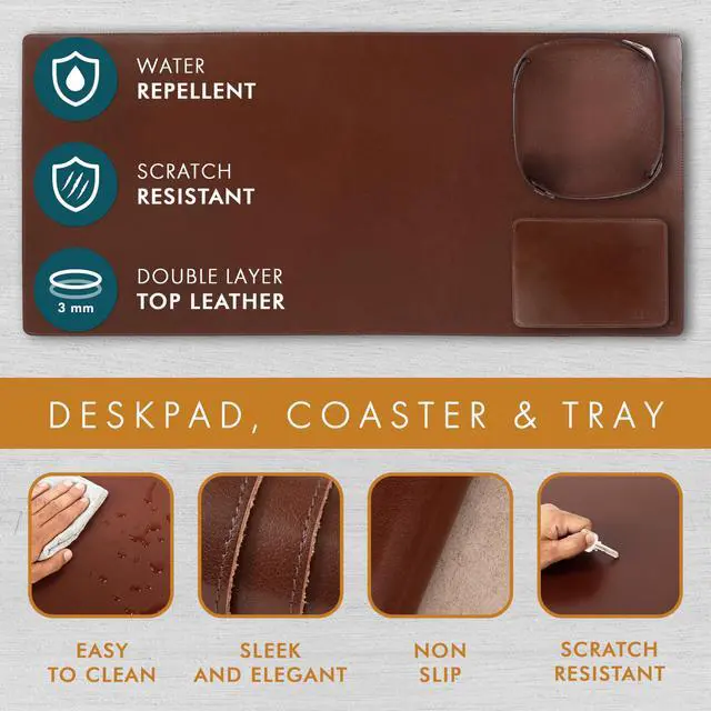 Alt view image 5 of 7 - Leather Desk Pad Real Leather Desk Mat Thick (3mm) Double Layer (32x16) Cover Blotter Desk Protector Large Computer Mat for Keyboard Mouse Pad Table Laptop Mat Office Accessories - Chestnut