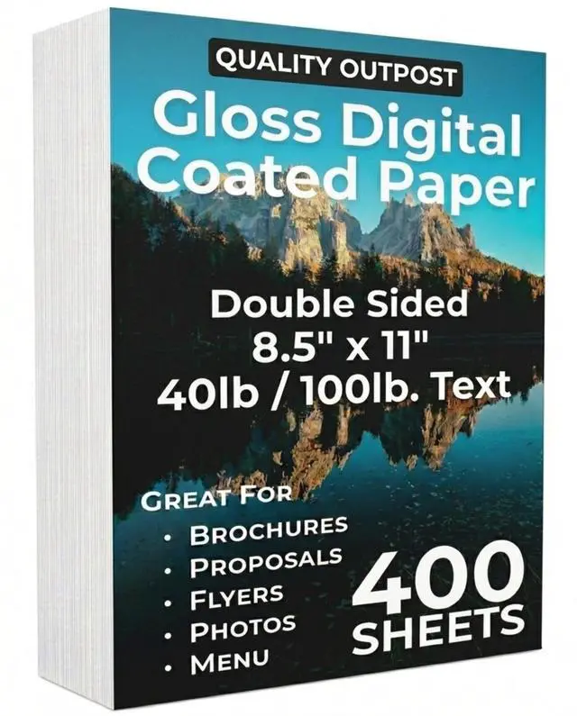 Main image of Glossy Business Paper 8.5x11 for Laser Printer, Double Sided C2S, Great for High-End Marketing, Brochures, Flyers, Maganizes, 40lb / 100lb Text, 148gsm, White, Smooth Glossy Coated Finish, 400 Sheets