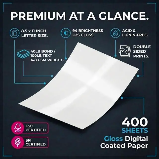 Alt view image 2 of 7 - Glossy Business Paper 8.5x11 for Laser Printer, Double Sided C2S, Great for High-End Marketing, Brochures, Flyers, Maganizes, 40lb / 100lb Text, 148gsm, White, Smooth Glossy Coated Finish, 400 Sheets