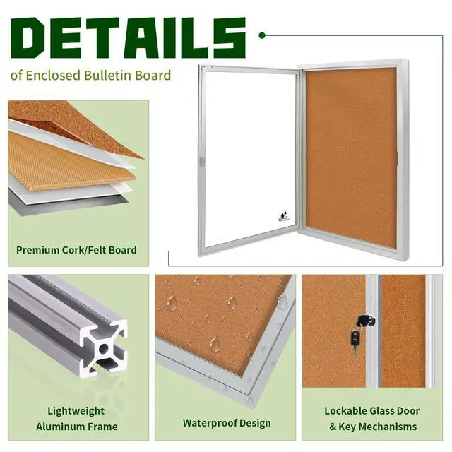 Alt view image 3 of 7 - Lockable Outdoor Bulletin Board Weatherproof, Enclosed Cork Board 36x24in | Glass Enclosed Bulletin Board with Locking Door,Notice Board,Aluminum Frame,For Apartment Entrance Church Business