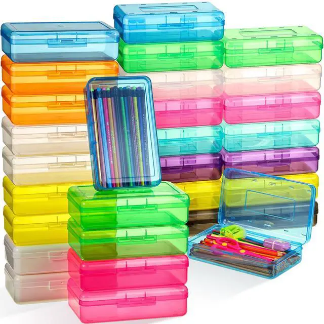 Main image of 30 Pcs Large Capacity Pencil Case Bulk Clear Hard Plastic Pencil Box Organizer with Snap Tight Lid Stackable Crayon Storage Box for Kids School Classroom Home Office 2 Style (Multicolor)