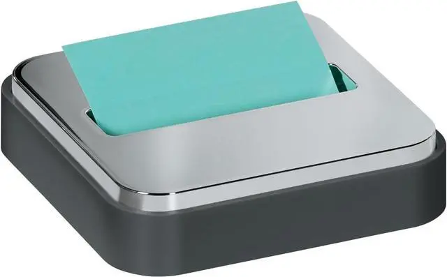 Main image of Note Dispenser with Pop-up Notes, Black Base with Steel Top, 1 Aqua Splash 3 in. x 3 in. Super Sticky Note Pad, Classroom or Office Supplies (Pack of 6)